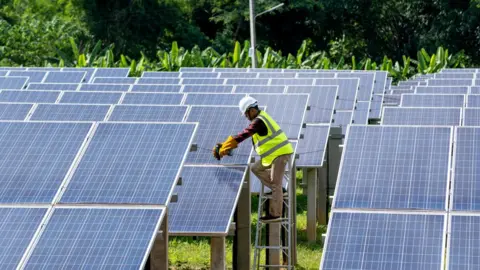 Getty Images field of solar panels with a workman