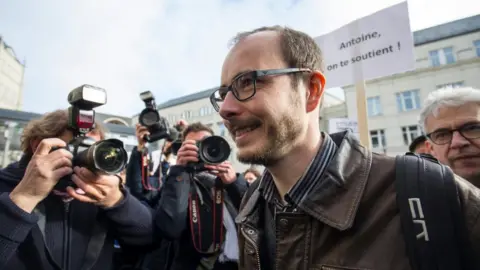 EPA A former employee of PricewaterhouseCoopers Antoine Deltour arrives for the first day of his LuxLeaks whistleblower trial along with two other defendants in Luxembourg on 26 April 2016