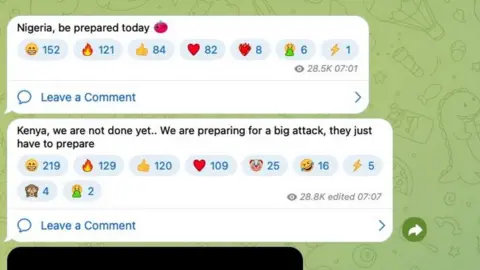 Telegram screenshot of the gang warning Nigeria and Kenya about attacks