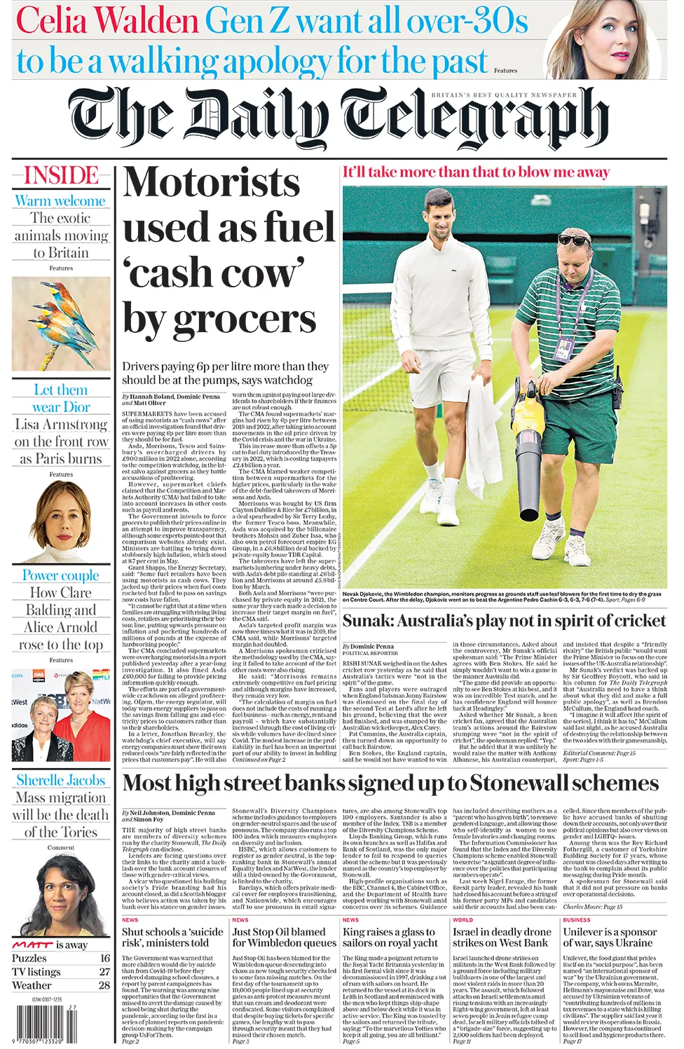 The headline on the front page of the Daily Telegraph reads: "Motorists used as fuel 'cash cow' by grocers"