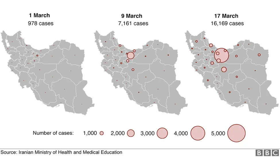 Graphic showing number of cases over time increasing across all 31 provinces in Iran