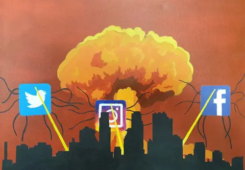 Edan Wilson A piece of art showing a nuclear mushroom cloud and social media symbols
