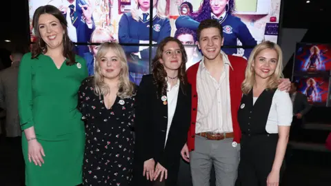 PA Derry Girls writer Lisa McGee with cast members Nicola Coughlan , Louisa Harland, Dylan Llewellyn and Saoirse-Monica Jackson at the Omniplex Cinema in Londonderry for the series two premiere