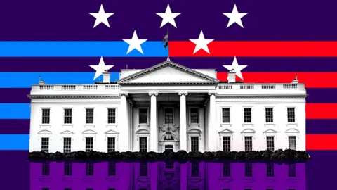 BBC US Election Unspun artwork with a graphic of the White House on a red and blue striped background and white stars