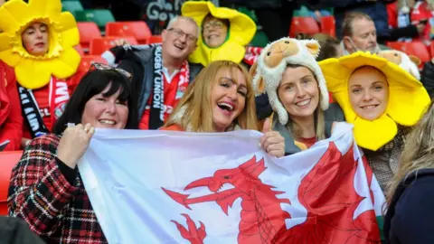 Getty Images A group of rugby fans with daffodils and sheep and Wales flags