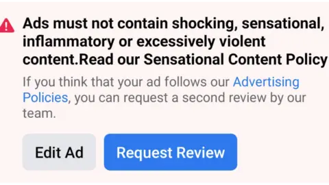 Facebook Screengrab of response Mr Emmanuel-Jones received stating ads must not contain "shocking" or "sensational" content