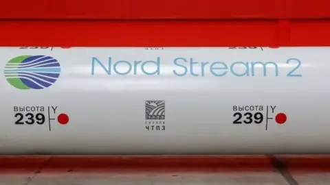 Reuters Nord Stream 2 logo on a large diameter pipe. File photo