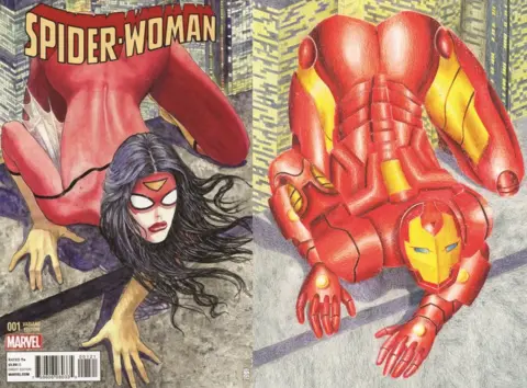 Shreya Arora Comic cover by Shreya Arora showing Spider-Woman and Iron Man in a similar pose