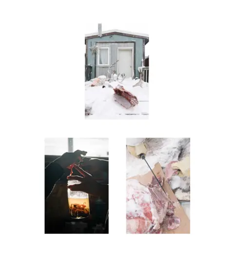 BBC Frozen raw meat and fish and a jar of seal oil.