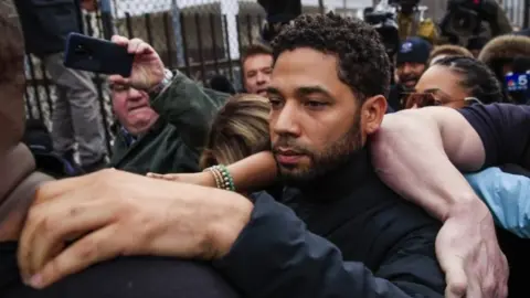 EPA Jussie Smollett emerges from the Cook County Court complex in Chicago 21 February 2019