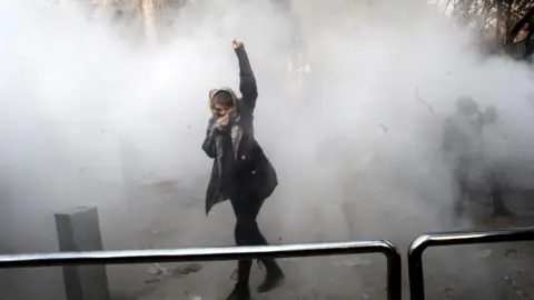 EPA An Iranian university student raises her fist in a cloud of smoke at Tehran University. This image of a female protestor was one of the images widely shared on social media during recent protests