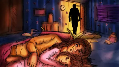 Vik Kainth Illustration showing silhouette of man in doorway while a woman and a small girl lie on the floor