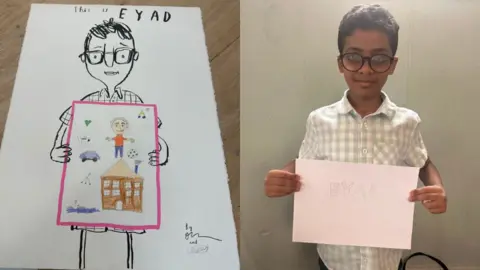 BBC Eyad and Oliver Jeffers drawing of Eyad holding his own drawing