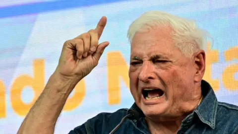 Former Panamanian president and presidential candidate Ricardo Martinelli speaks during a political rally in Panama City on February 3, 2024