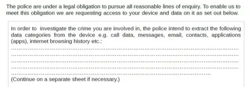 NPCC A screenshot of part of a consent form for 'digital device extraction', provided by the National Police Chiefs Council