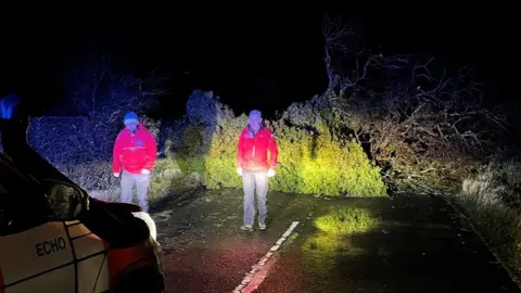 Iain Nixon Two mountain rescue volunteers next to a tree across the road