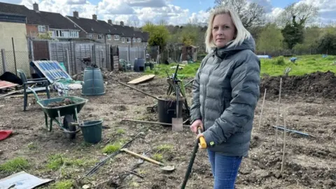 Frankie McCamley/BBC Carly Burd at her allotment in Harlow