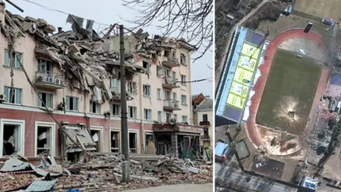 Reuters, Maxar A photo of the destroyed Hotel Ukraine next to a satellite image of the sports stadium in Chernihiv with a large bomb crater on the pitch