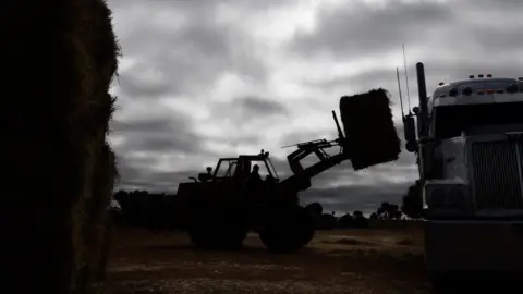 EPA A tractor unloads a barrel of hay from a truck