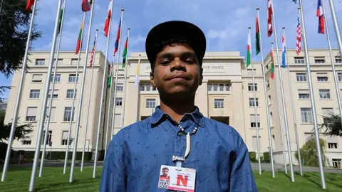 Dujuan in front of the UN building in Geneva