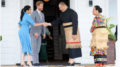 Getty Images Prince Harry and Meghan with King Tupou VI and Queen Nanasipau'u of Tonga