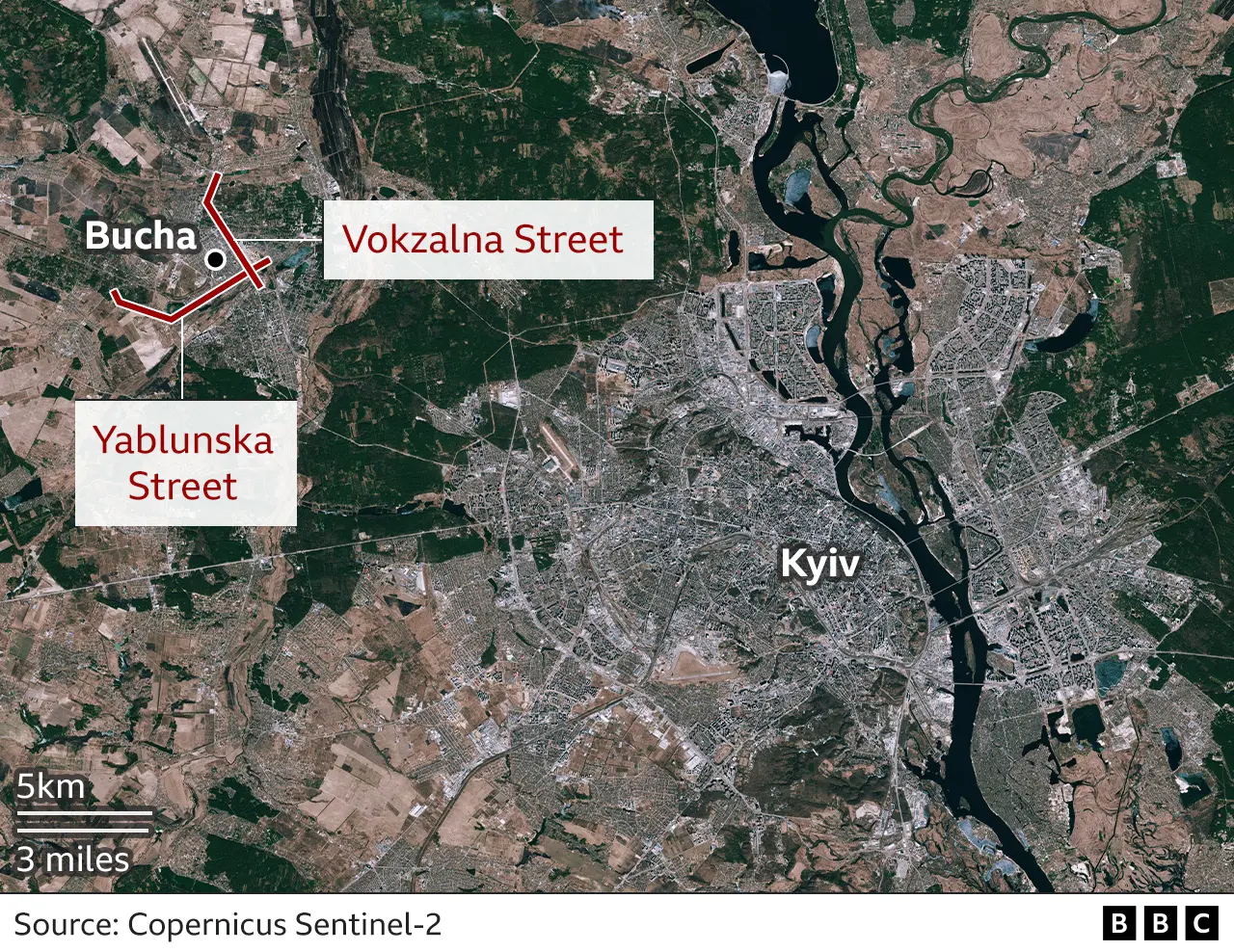 Map showing Yablunska Street in Bucha