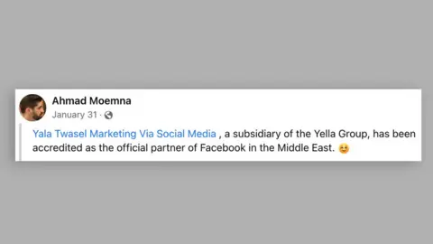 Screenshot saying a subsidiary of Yala Group has become 'the official partner of Facebook in the Middle East'