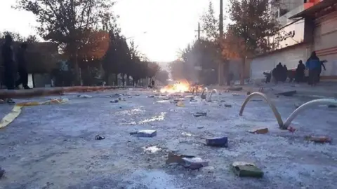 BBC Image purportedly showing aftermath of clashes between protesters and security forces in Mariwan, Iran