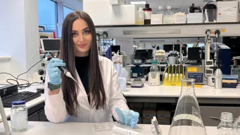 Swansea University PMBSNU medical student Mariia Hryhorian in the Medical School laboratory at Swansea University