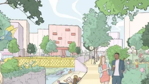 Bristol City Council Illustration showing people walking through a riverside park surrounded by buildings