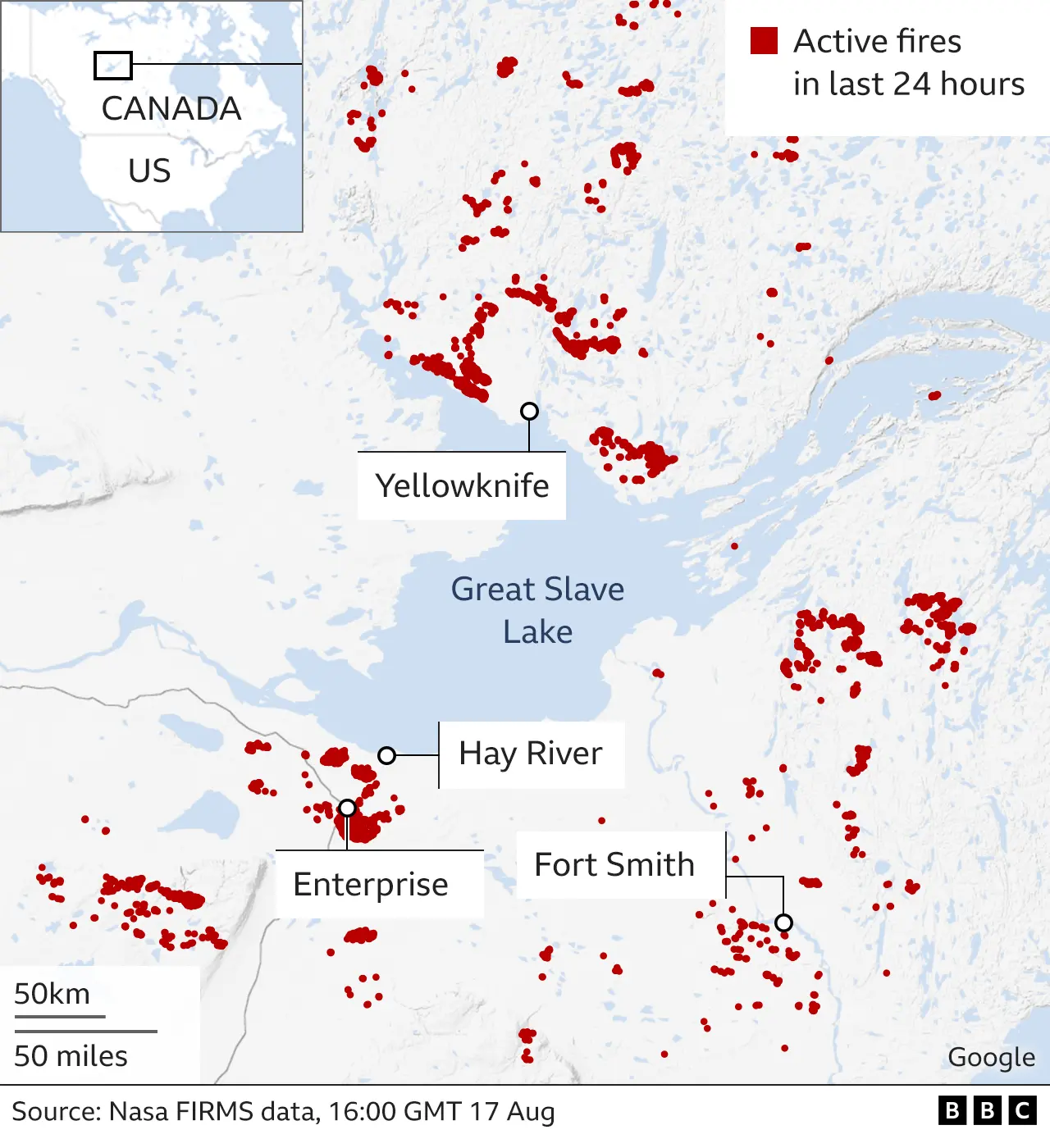 Map showing cities that have been evacuated and where the current fires are