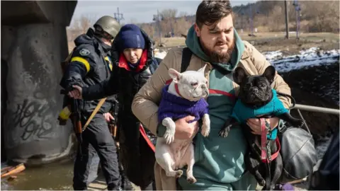 Getty Images A man carrying his two dogs