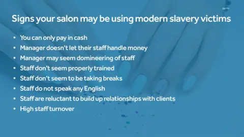 Getty Images Signs your salon may be using modern slavery victims : You can only pay in cash, Manager doesn't let their staff handle money, Manager may seem domineering of staff, Staff don't seem properly trained, Staff don't seem to be taking breaks, Staff do not speak any English, Staff are reluctant to build up relationships with clients, High staff turnover.