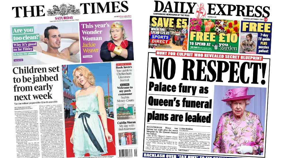 The Times and the Daily Express front pages 4 September 2021