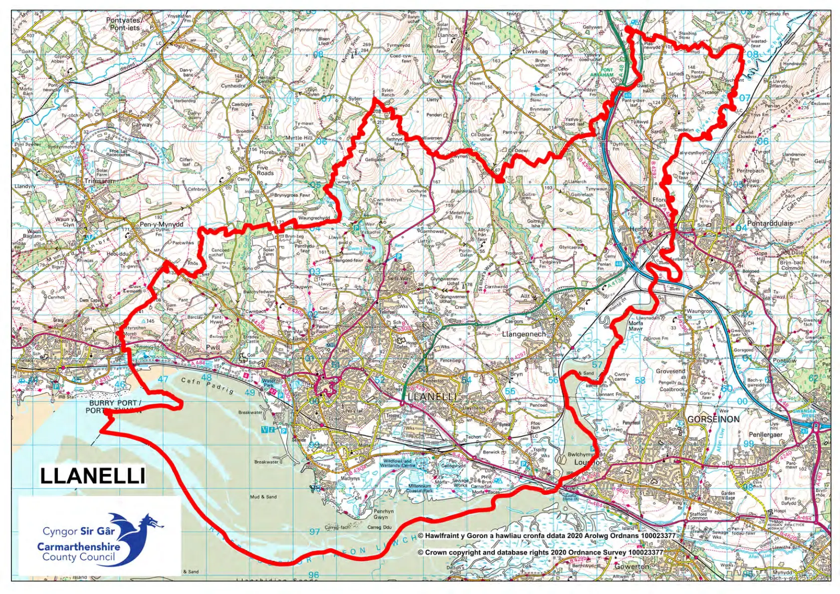 Ordnance Survey/Carmarthenshire council Map of lockdown areas in Llanelli