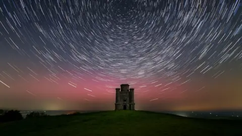 Mathew Browne Northern Lights above Paxton's Tower in Carmarthenshire