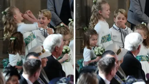 AFP The bridesmaids and page boys, including Princess Charlotte of Cambridge (L), Savannah Phillips (2L) and Prince George of Cambridge (3L) wait to take part in the wedding of Princess Eugenie of York to Jack Brooksbank