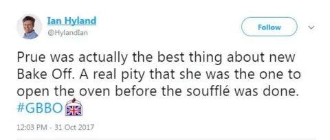 Twitter Prue was actually the best thing about new Bake Off. A real pity that she was the one to open the oven before the soufflé was done.