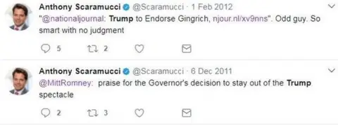 @Scaramucci Tweet by Anthony Scaramucci reads: @nationaljournal: "Trump to Endorse Gingrich (link)". Odd guy. So smart with no judgment. Second tweet reads: MittRomney: praise for the Governor's decision to stay out of the Trump spectacle."