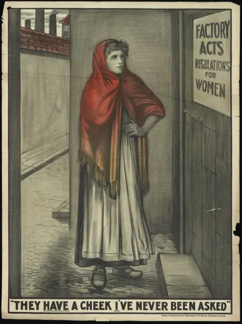 Cambridge University Library A mill-worker examines a sign about employment regulations for female employees.