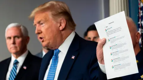 Getty Images Donald Trump holding up printed sheet of Google tweets