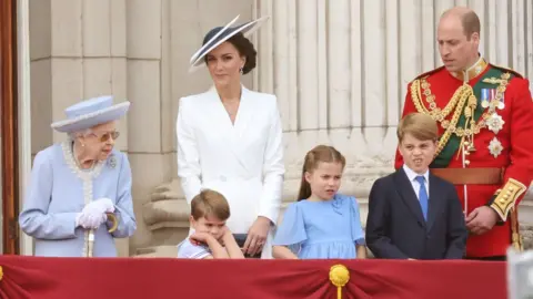 Getty Images The Queen, Prince Louis, the Duchess of Cambridge, Princess Charlotte, Prince George and the Duke of Cambridge