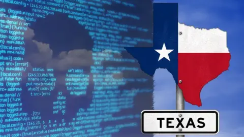 Getty Images Screen of ransomware graphics and Texas flag