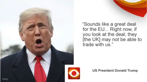 BBC Donald Trump saying: Sounds like a great deal for the EU. Right now, if you look at the deal, they [the UK] may not be able to trade with us.