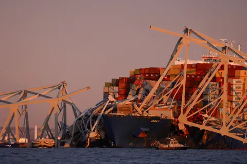 Reuters A view of the Dali cargo vessel which crashed into the Francis Scott Key Bridge causing it to collapse in Baltimore, Maryland, US, on 26 March 2024