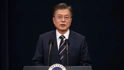 Getty Images South Korean President Moon Jae-in attends the press conference at the presidential blue house on May 27, 2018 in Seoul, South Korea.