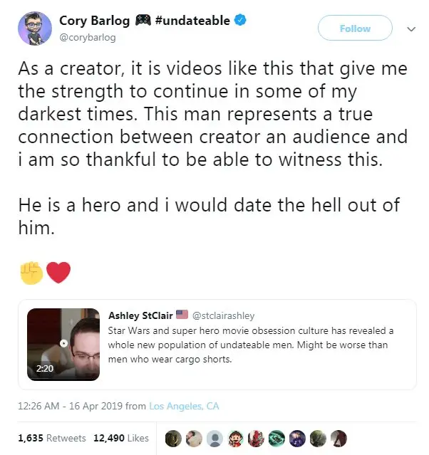 Twitter Tweet reads: As a creator, it is videos like this that give me the strength to continue in some of my darkest times. This man represents a true connection between creator an audience and i am so thankful to be able to witness this.