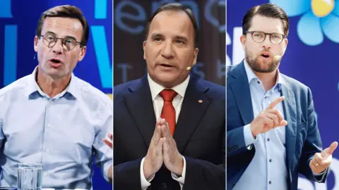 Reuters/Getty Images The three biggest parties in the polls are the Social Democrats of Stefan Lofven (C), the Moderates led by Ulf Kristersson (L) and Jimmy Akesson's populist Sweden Democrats (R)