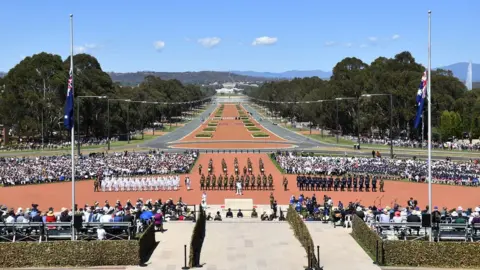 EPA A guard of honour arrives during a Remembrance Day ceremony at the Australian War Memorial, in Canberra, Australia, 11 November 2018