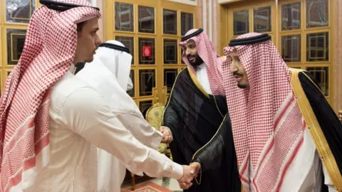 EPA The Saudi king (R) and crown prince (2R) meet Khashoggi's son, Salah bin Jamal (L), and another family member in Riyadh
